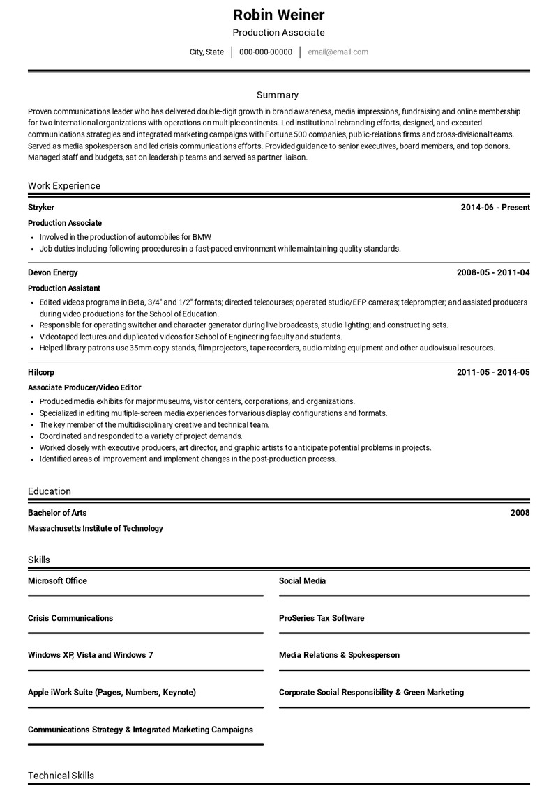 Production Associate Resume Sample and Template