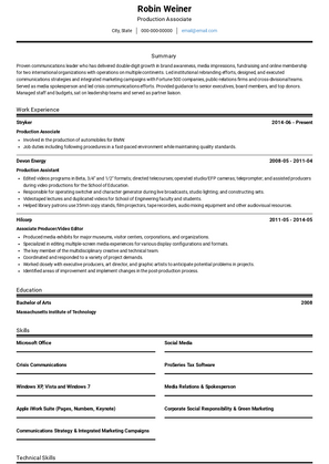 Production Associate Resume Sample and Template