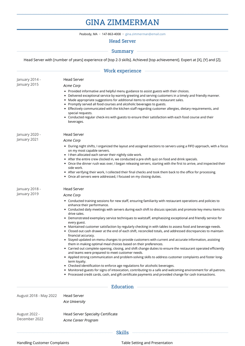 Head Server Resume Sample and Template