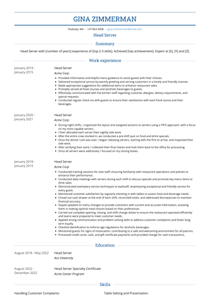 Head Server Resume Sample and Template