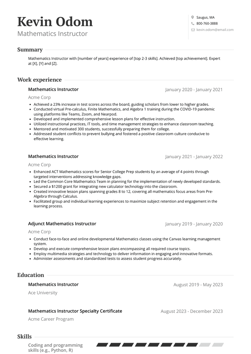 Mathematics Instructor Resume Sample and Template