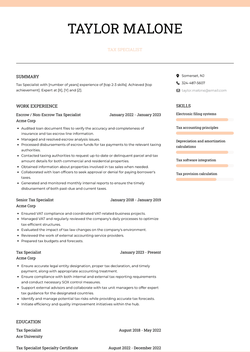 Tax Specialist Resume Sample and Template