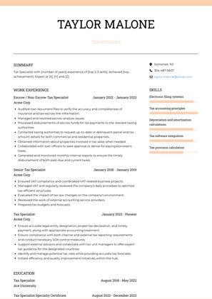 Tax Specialist Resume Sample and Template