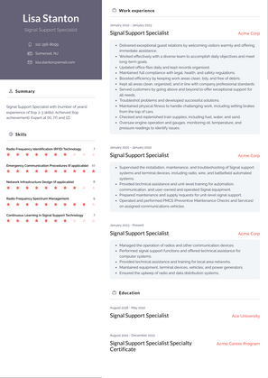 Signal Support Specialist Resume Sample and Template