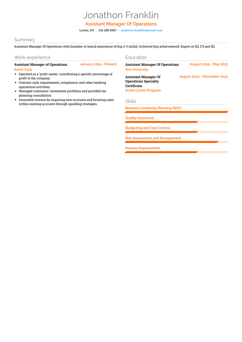Assistant Manager Of Operations Resume Sample and Template