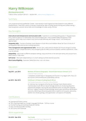 Tour Guide  Resume Sample and Template