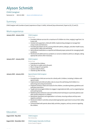 Child Caregiver Resume Sample and Template