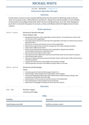 Restaurants Operation Manager Resume Sample and Template