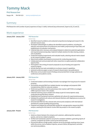 Phd Researcher Resume Sample and Template