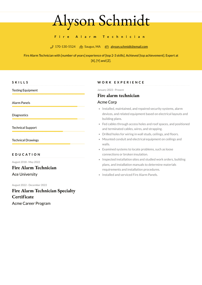 Fire Alarm Technician Resume Sample and Template