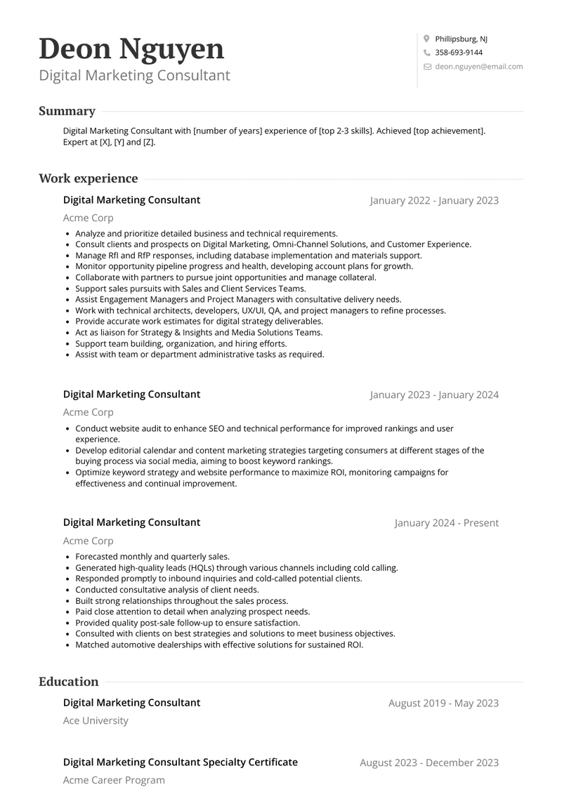 Digital Marketing Consultant Resume Sample and Template