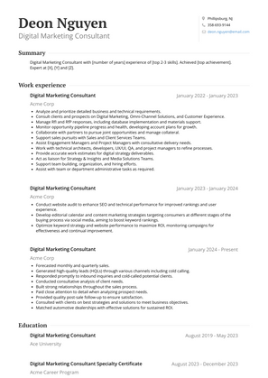 Digital Marketing Consultant Resume Sample and Template