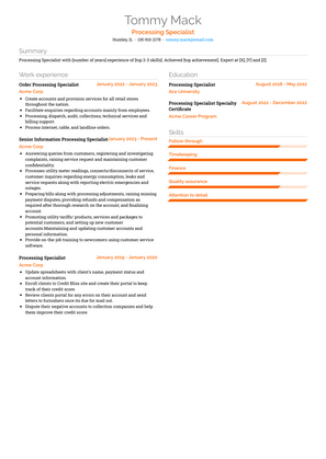 Processing Specialist Resume Sample and Template