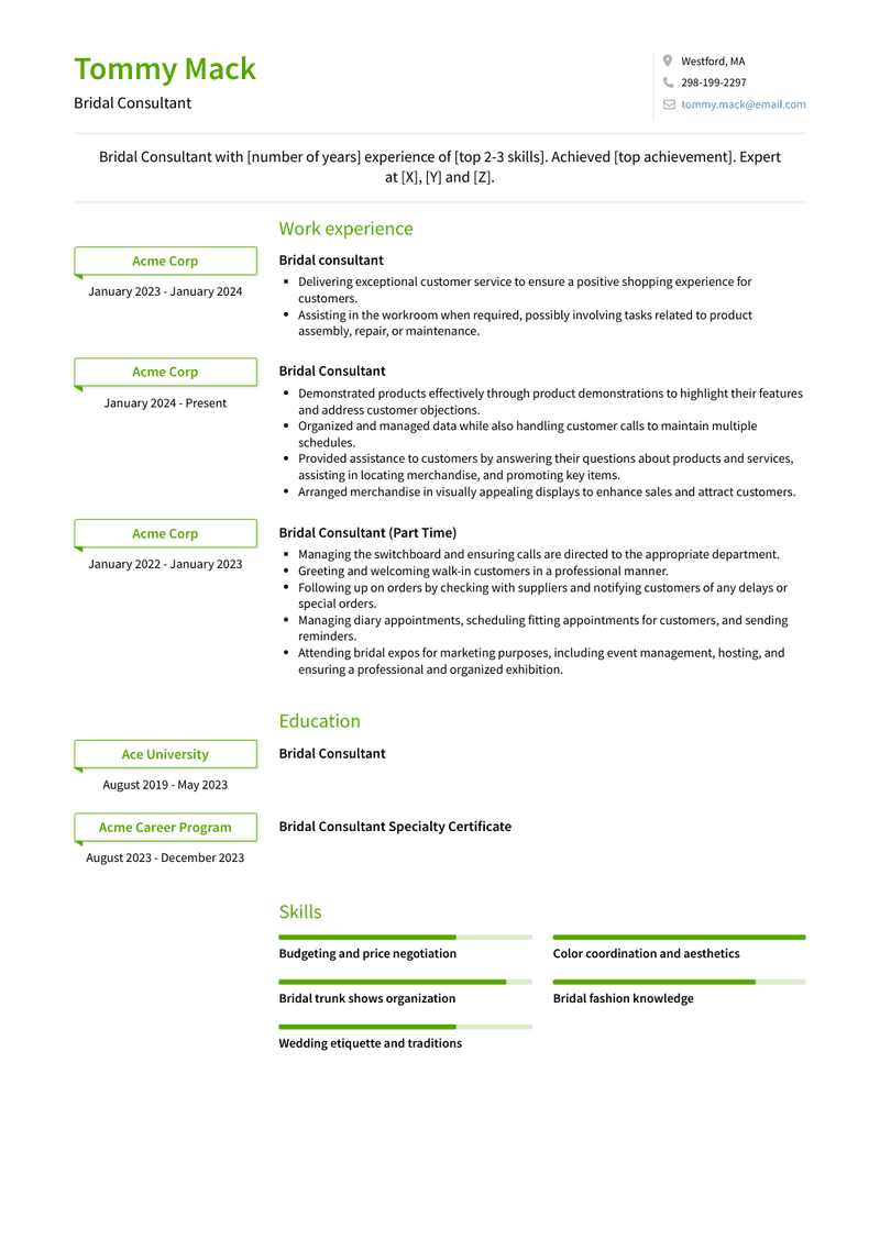 Bridal Consultant Resume Sample and Template