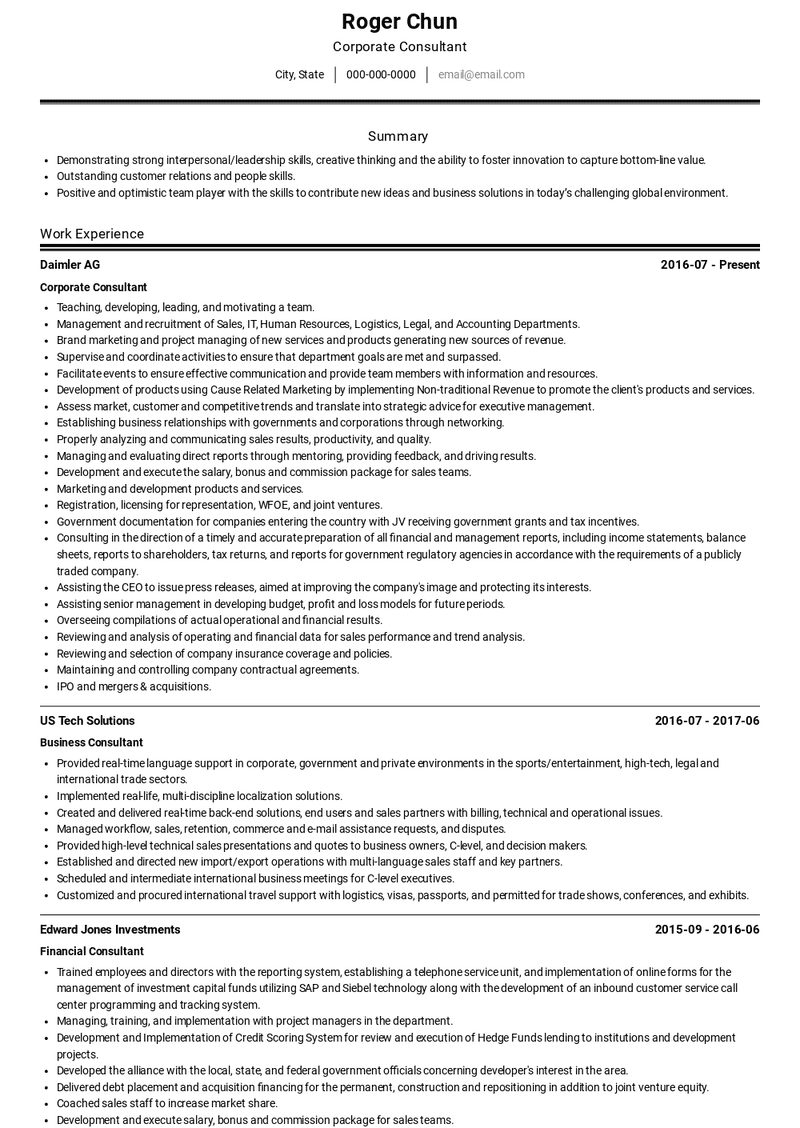 Corporate Consultant Resume Sample and Template