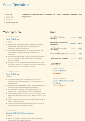 Cable Technician Resume Sample and Template