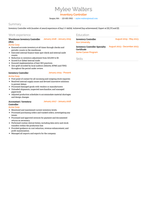 Inventory Controller Resume Sample and Template