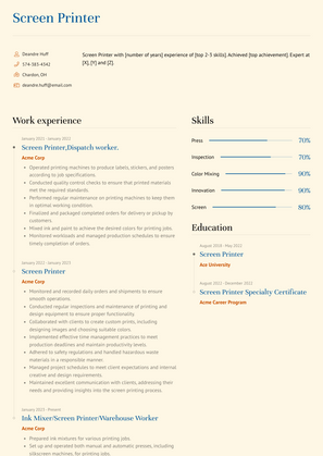 Screen Printer Resume Sample and Template