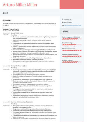 Dean Resume Sample and Template