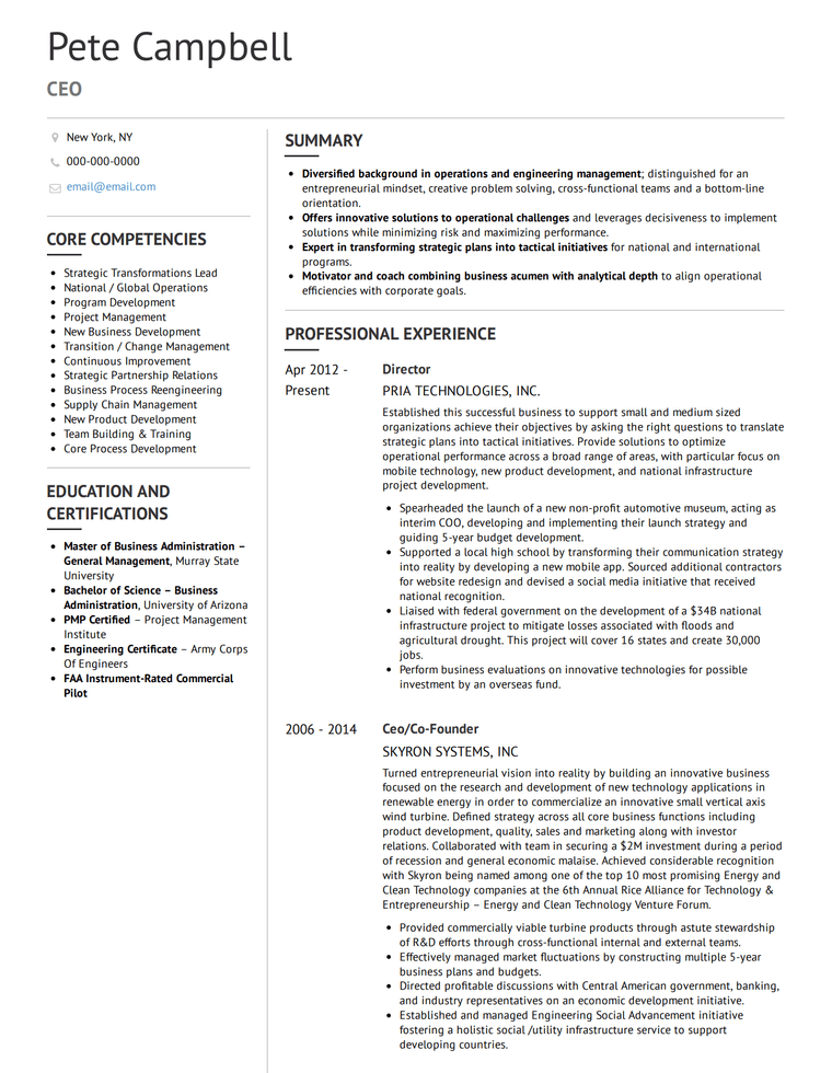 Corporate Resume Template for Executives