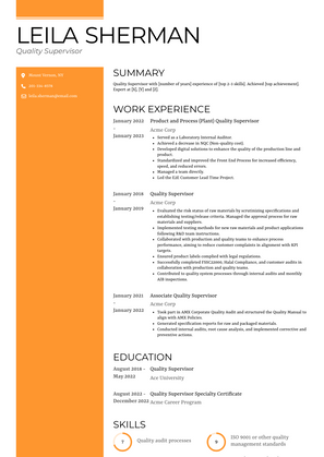 Quality Supervisor Resume Sample and Template