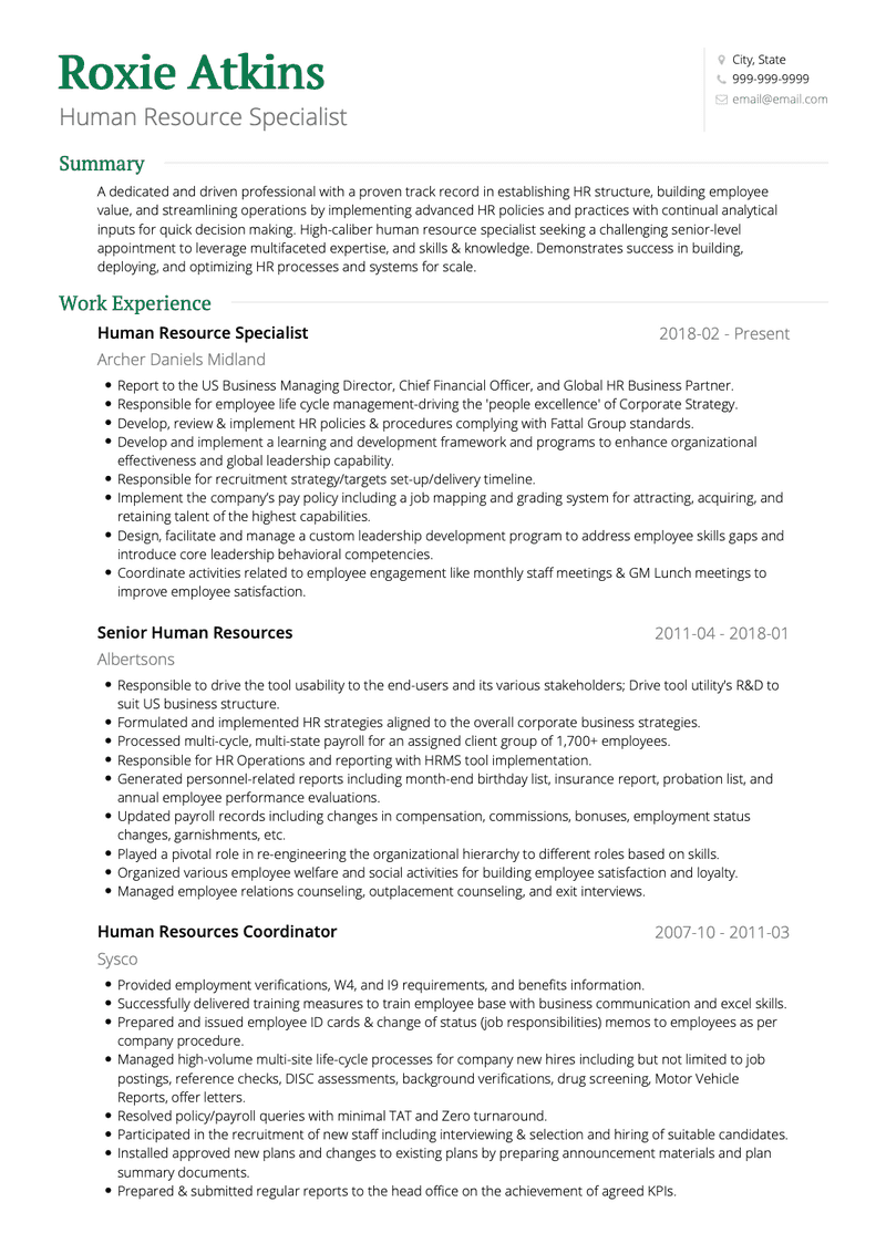 Human Resources Specialist CV Example and Template