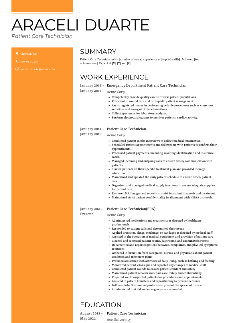 Patient Care Technician Resume Sample and Template