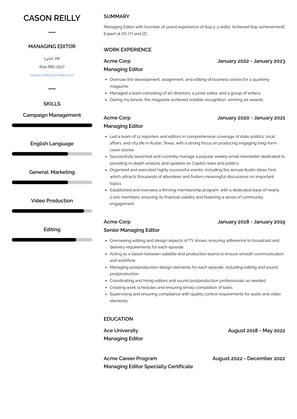 Managing Editor Resume Sample and Template