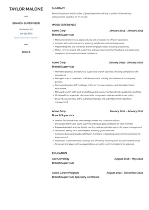 Branch Supervisor Resume Sample and Template