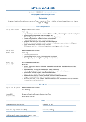 Employee Relations Specialist Resume Sample and Template