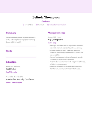 Cart Pusher Resume Sample and Template