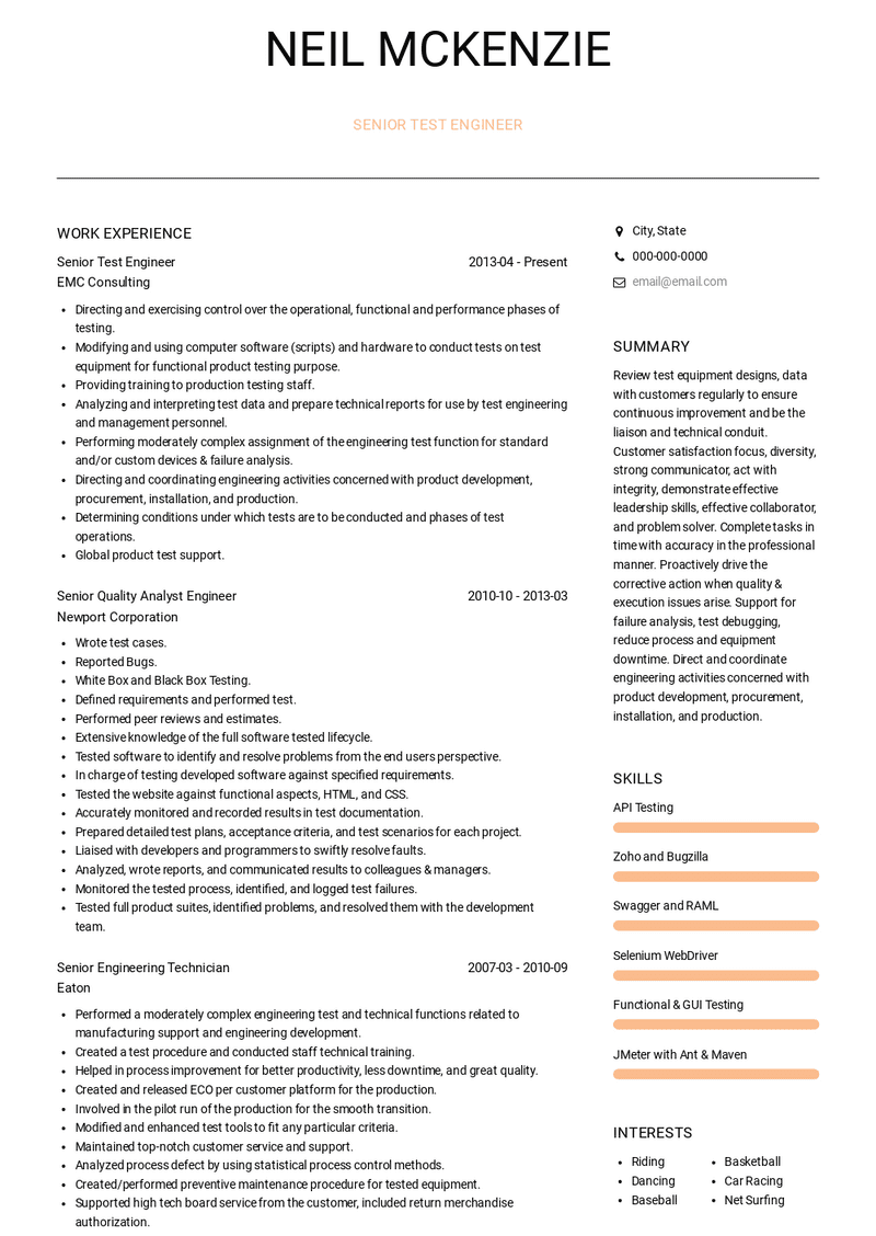 Senior Test Engineer Resume Sample and Template