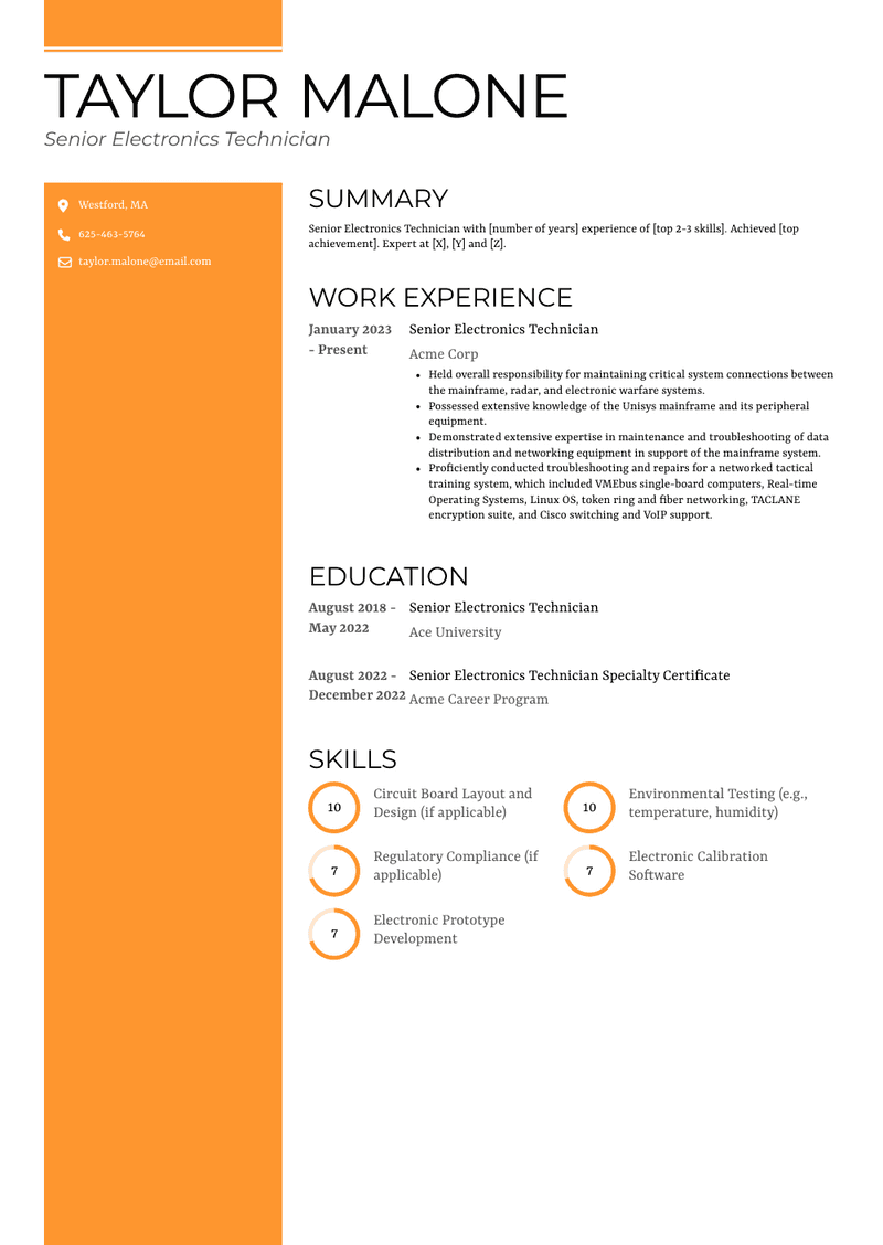 Senior Electronics Technician Resume Sample and Template