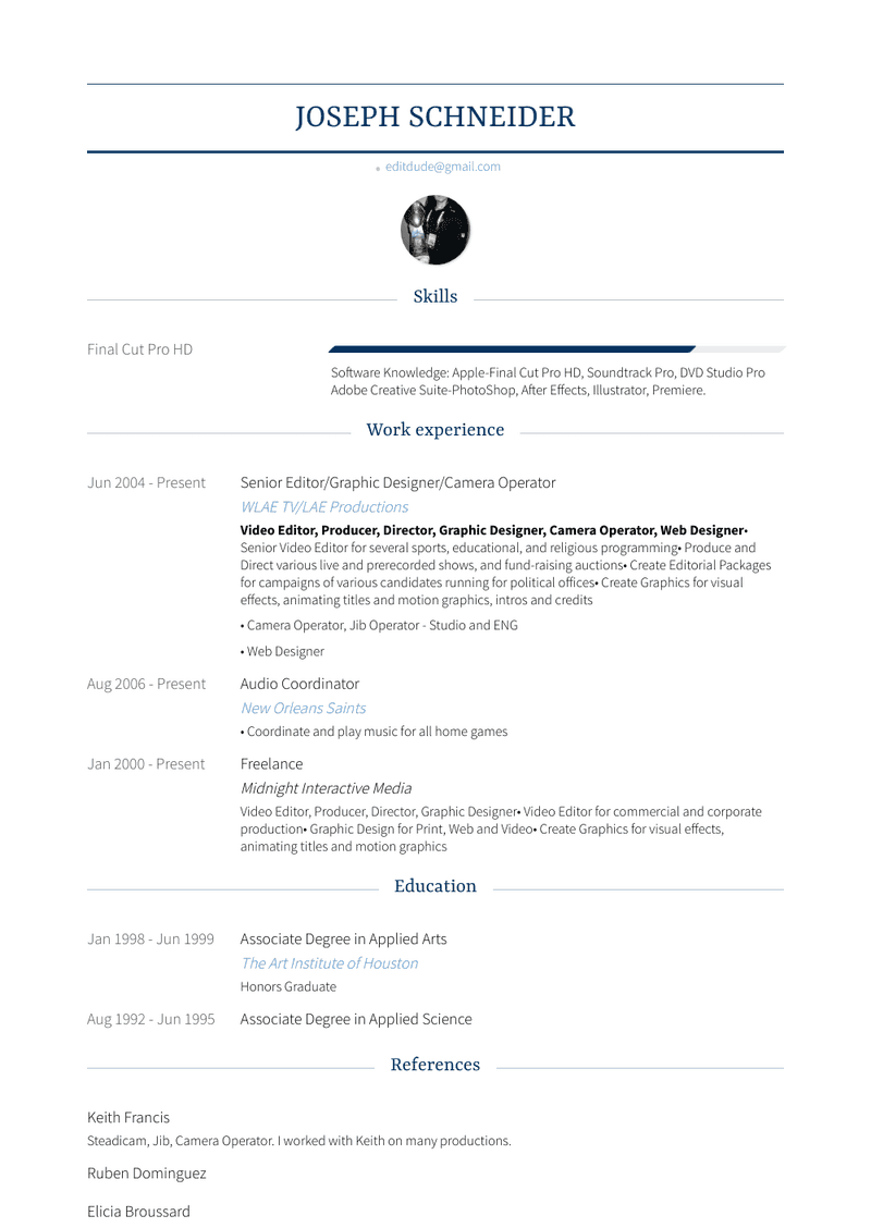 Senior Editor/Graphic Designer/Camera Operator Resume Sample and Template