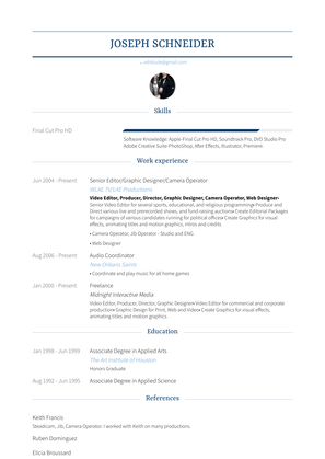 Senior Editor/Graphic Designer/Camera Operator Resume Sample and Template