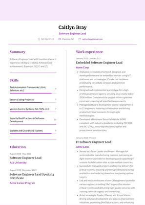 Software Engineer Lead Resume Sample and Template