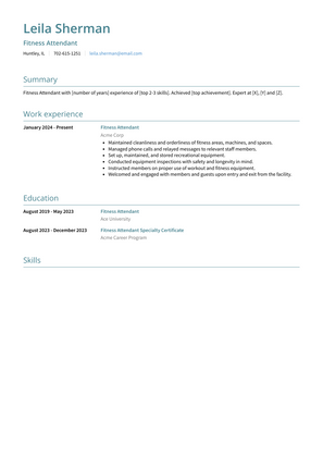 Fitness Attendant Resume Sample and Template