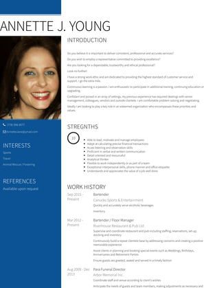 Bartender / Floor Manager Resume Sample and Template