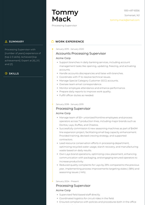 Processing Supervisor Resume Sample and Template