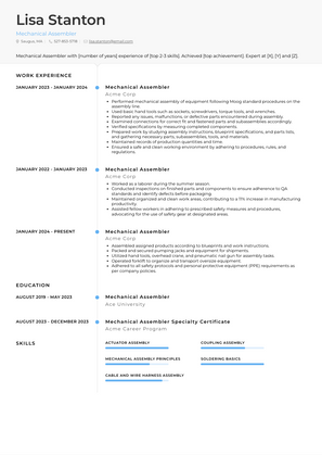 Mechanical Assembler Resume Sample and Template