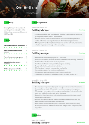 Building Manager Resume Sample and Template