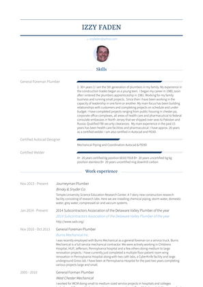 2014 Subcontractors Association  Of The Delaware Valley Plumber Of The Year Resume Sample and Template