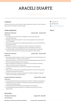 Warehouse Technician Resume Sample and Template