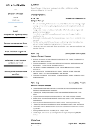 Banquet Manager Resume Sample and Template