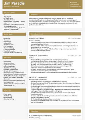 Founder and President Resume Sample and Template