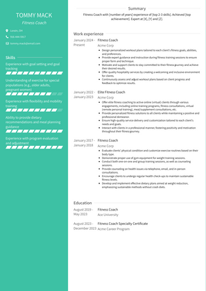 Fitness Coach Resume Sample and Template