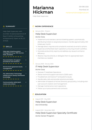 Help Desk Supervisor Resume Sample and Template