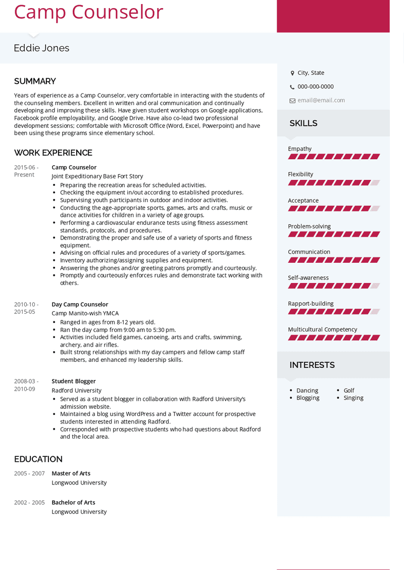 Camp Counselor Resume Sample and Template