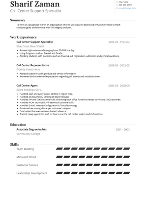 Call Center Support Specialist Resume Sample and Template