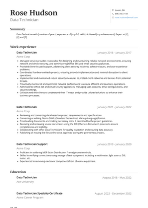 Data Technician Resume Sample and Template